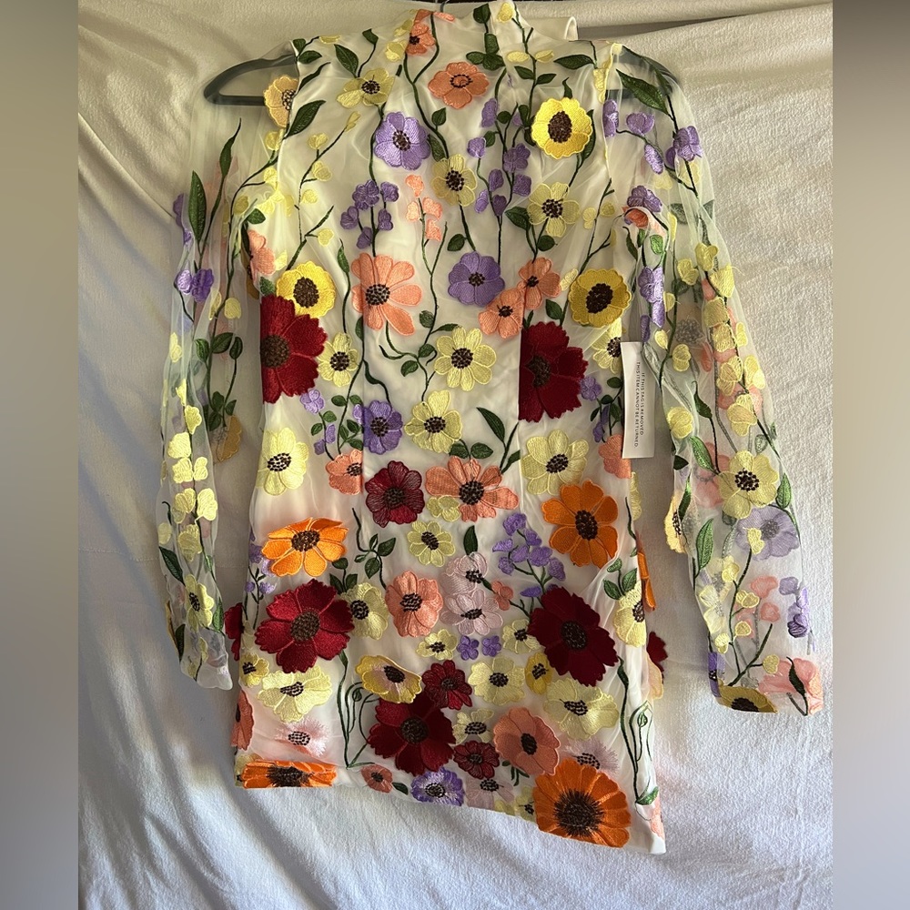 ANY LYNN White Floral Embroidered Mini Dress with Semi Sheer sleeves